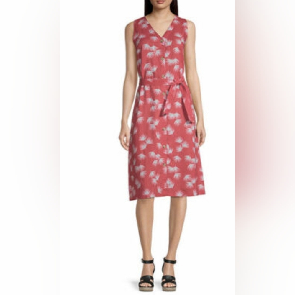 NWT Liz Claiborne Floral Linen A Line Dress With Tie Belt & Pockets Size Large